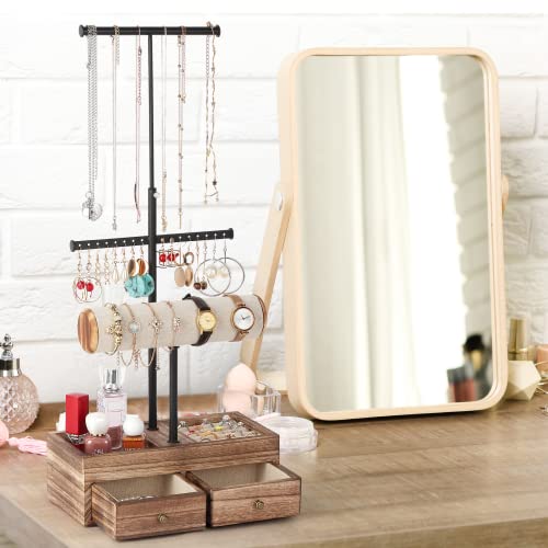 Mxarltr Jewelry Holder Stand Organizer - Jewelry Organizer Stand Double Wooden Drawer Box Earring Bracelet Holder Jewelry Tree Display For Girls Women Ring Watch Jewelry Storage Rack Carbonized Black #TOP2