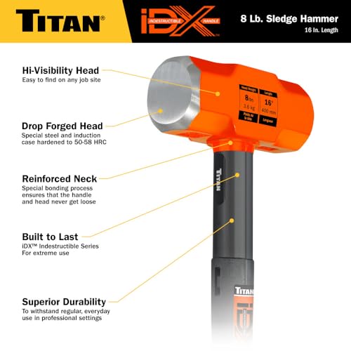 Image of Titan iDX 63618 8lb Sledge Hammer with 16 inch Indestructible Handle Reinforced with Steel Locking Plates & Steel Bars, Vulcanized Rubber Grip, Oevrstrike Protection