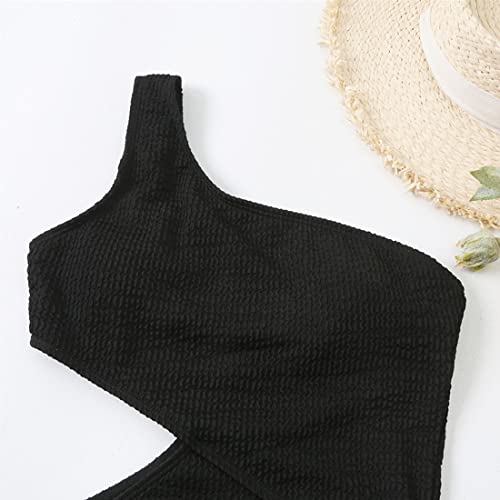 Limeeke Women's Cutout One Piece Swimsuit One Shoulder Swimwear Ribbed Monokini Bathing Suits Black L #TOP4