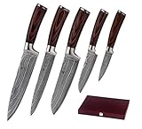 5 rasiermesserscharfe MESSER im Messerset: Messer- / Klingenlänge Chefmesser 33,50 / 20,00 cm, Fleischmesser 30,00 / 18,00 cm, Santokumesser 30,50 / 17,00 cm, kleines Santokumesser 23,50 / 12,00 cm, Officemesser 19,50 / 8,50 cm