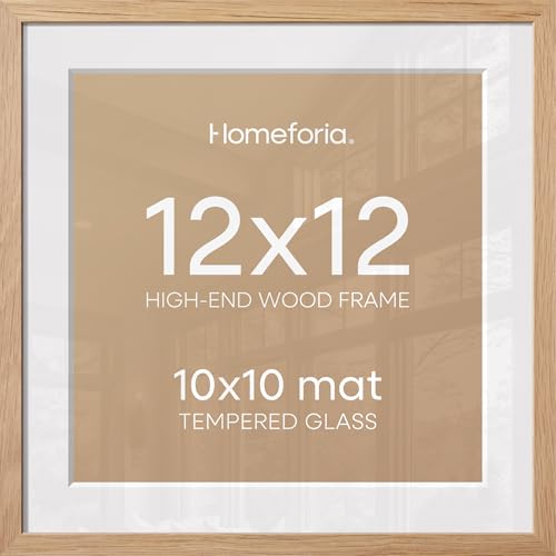 Image of Homeforia 12x12 Light Wood Frame, High End Natural Oak 12 x 12 Square Picture Frames with Mat 10 by 10 inch Photo, 12by12 Wooden Poster Frames Matted to 10x10 Print, Tempered Glass, Wall Kit, Set of 1