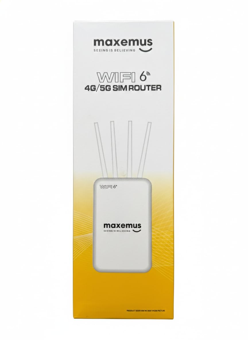 Maxemus 4g/5g SIM Router - Four Antenna WiFi 6 SIM Router - Works with All SIMS - Upto 300 Mbps Speed - All DVR Compatible