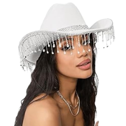 Vacation Hats Tassels Hand Beading Crystal for Girl for Carnivals Music Festival White4
