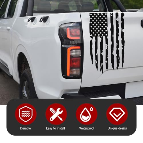 Image of American Flag Truck Decals - Distressed US Flag Tailgate Stickers - Waterproof Vinyl Decal for Pickup Trucks, Cars & SUVs - USA Patriotic Car Body Decoration (Black)