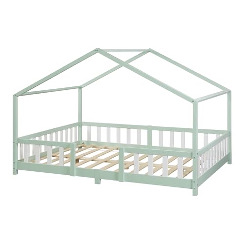 [en.casa] Children's bed Treviolo house bed 120 x 200 cm wooden bed for children with fall-out protection bed frame with slatted frame pine wood mint green - Image 3
