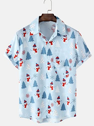 Chemise hawaïenne pour Hommes bleu clair imprimé Noël chemise de plage à manches courtes