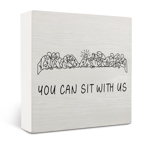 OVAcational Christian Wooden Signs,You Can Sit With Us Easter Wooden Box Sign,Bible Verse Religious Decor For Home Desk Tabletop Shelf Decoration 5x5 Inches