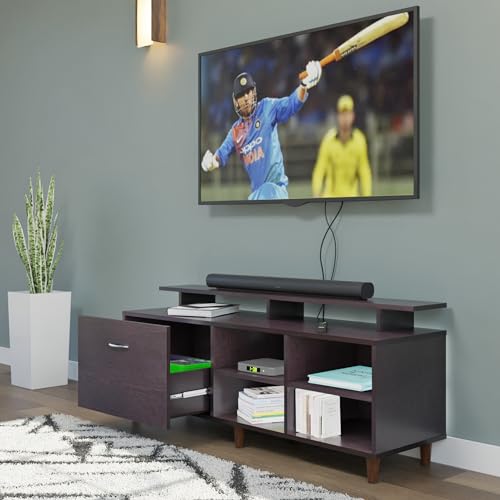 Image of VIKI Modern TV Unit for Living Room | Engineered Wood TV Cabinet with 1 Drawer Storage, 2 Open Shelves & Extension, SEntertainment Unit, 140W x 48H x 40D cm | DIY | 1 Year Warranty (Wenge)