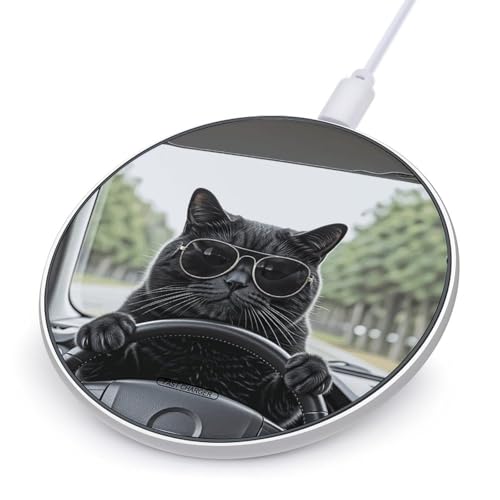 Black Cat Animal Driving Car Wireless Charger with USB Cable Qi-Certified 10W Fast Wireless Charging Pad Portable Charging Station Anti-Slip Slim Charger Mat for All Qi-Enabled Phones