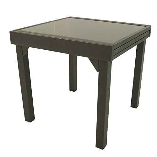 Edenjardi Mesa de Exterior Extensible de 80 cm a 160 cm, Aluminio Color Antracita y Cristal Grueso Color taupé, Tamaño: 80x80/160x76 cm