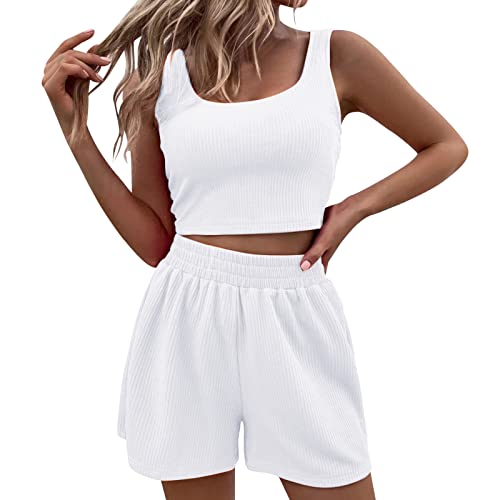 Generisch Summer Two-Piece Women's Crop Top Short Shorts Set with Elastic Waistband, Breathable, Comfortable Sports Suit, Loungewear for Gym, Leisure, Yoga, Home, Beach, Elastic Waist, Size, C-white
