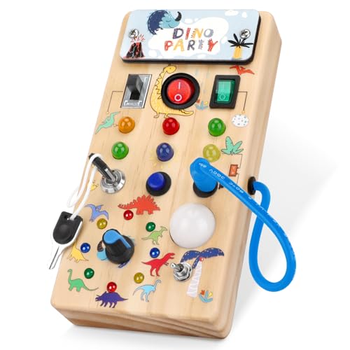 Image of Hoarosall Dinosaur Busy Board with 8 LED Light Switches, Toddler Montessori Busy Board with Light Switch, Sensory Travel Toys, Montessori Toys for 1+ Year Old Boys