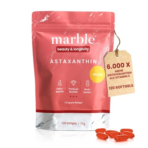 marble® Astaxanthin 12 mg + Krillöl – 120 Softgel Kapseln – Astaxanthin hochdosiert ohne Zusatzstoffe - Natürliche Antioxidantien aus der Haematococcus Pluvialis Alge - Longevity Supplements marble® Astaxanthin 12 mg + Krillöl – 120 Softgel Kapseln – Astaxanthin hochdosiert ohne Zusatzstoffe - Natürliche Antioxidantien aus der Haematococcus Pluvialis Alge - Longevity Supplements