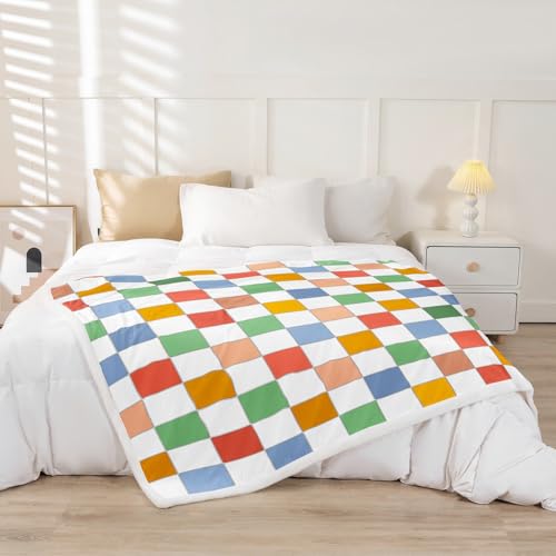 Image of Erosebridal Retro Checkered Sherpa Blanket Vintage 60S 70S Style Funky Geometric Plaid Fleece Bed Blanket 40 inchX50 inch Retro Checkerboard Grid Throw Blanket for Kids Groovy Aesthetic Fuzzy Blanket