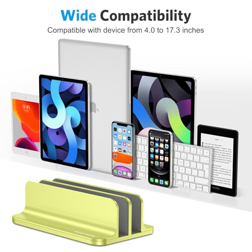 Image of OMOTON Vertical Laptop Stand [Updated Double Version], Desktop Aluminum Mac Book Stand with Adjustable Dock Size, Fits All Mac Book, Surface, Chrome Book and Gaming Laptops (Up to 17.3 inch), (Citron)