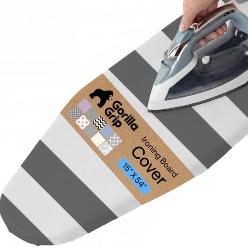 Image of Gorilla Grip Reflective Silicone Ironing Board Cover, Resist Scorching and Staining, 15x54, Hook and Loop Fastener Straps, Pads Fit Standard Boards, Elastic Edge, Thick Padding, Stripe White Gray