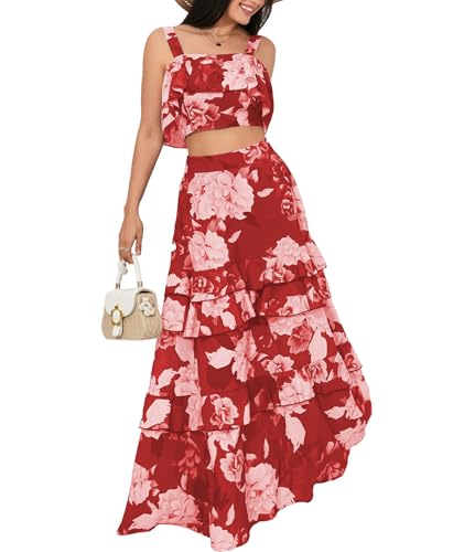 SOMTHRON Women's Summer 2 Piece Outfits Floral Print Strap Crop Tops Tiered Ruffle Skirt Sets Maxi Long Dress RE-XL
