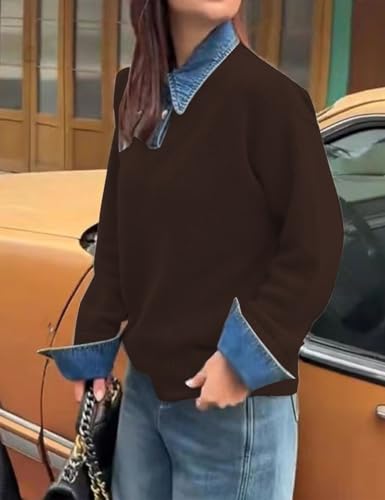 Image of Womens Denim Lapel Sweater Oversized Long Sleeve Button Down Polo Knit Pullover Sweaters 2025 Fall Outfits