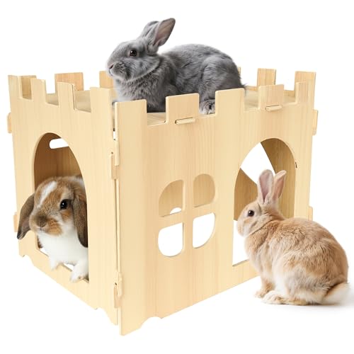 Wooden Rabbit House 40x30x30cm, Large Bunny Castle Detachable Rabbits Hideaway Playhouse, Animal Shelter for Small Pet Indoor Rabbit Guinea Pig Chinchilla Hedgehogs Hamsters Rats Ferrets