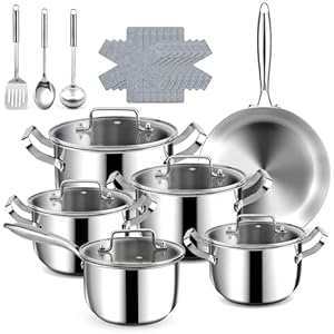 Fruikit Edelstahl Topfset -3 lagig 30 cm Bratpfannen & 18/20/22/26 cm Deckeltöpfe mit Dampfgarer, 21-teilig Topfset, Stielkasserolle mit Deckel (18 cm) - Induktionstauglich, Backofenfest