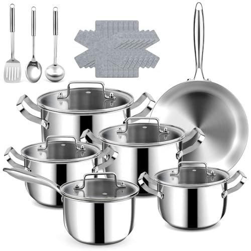 Fruikit 21P Stainless Steel Pots and Pans Set - 3 Ply 30 cm Frying pan, 18 cm Saucepans & 18/20/22/26 cm Casserole, Oven Safe, for All Hob Types