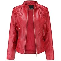 Kaiyei Chaquetas de PU Cuero Sintetico Mujer Slim Fit Talla Grande Cuello Alto Primavera Otoño Manga Larga Elegante Jacket Cortas Cazadora Biker con Cremalleras Rojo 4XL