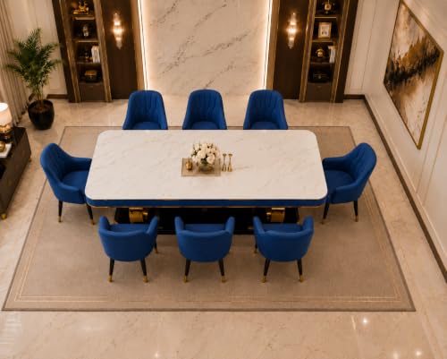 Image of 8-Seater Dining Table with Nano Composite Marble Top and PVC Golden Wooden Base |2yr Warranty - Includes 8 Fabric Upholstered Chairs