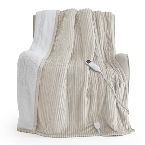 Image of Bedsure Ribbed Heated Blanket Throw XL, Cream Electric Blanket, Preheat