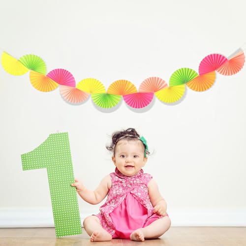 Image of 3 Pack Neon Paper Fans Garland 15.6ft Colorful Background Ceiling Hanging Decorations Paper Garland Decorations Set for Birthday Neon Party Supplies 3D Bachelorette Party Decoration(Bright)