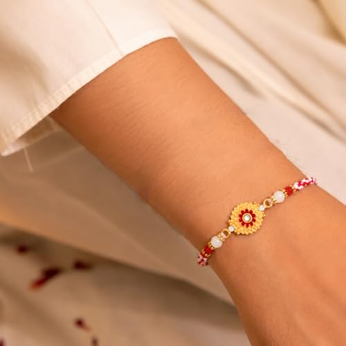 Image of Peora Rakhshabandhan Thread Rakhi for Brother Bhaiya | Crystals & Kundan Studded | Combo, Set of 3 | Rakhi Hamper with Roli Chawal & Greeting Card