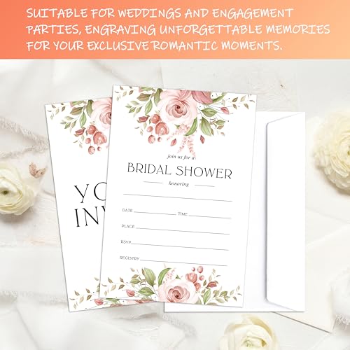 Mueddur Bridal Shower Invitations With Envelopes, Blush Pink Floral Wedding Invites, Watercolor Flowers Engagement Party And Reception Supplies, Pack of 25 Fill-in Invitation Cards -10 - Thumbnail 4