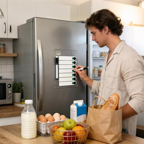 Liste de courses magnétique pour réfrigérateur et tableau effaçable avec stylo