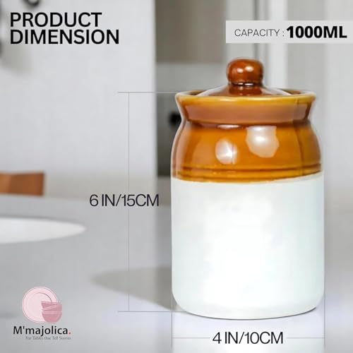 Image of Set of 1 Handmade Ceramic Pickle Jars with Lid - 1000ML Each | Bone Ash Free & Lead Free | Multipurpose Ceramic Storage Containers for Pickle, Achar, Chutney, Sauces, Spices