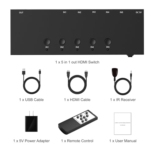 Image of 4K@60Hz 5 in 1 Out HDMI Switch, 5 Port HDMI Switcher Selector Support HDR10 & HDCP 2.2 & Full 3D with IR Remote Control and ON /Off Switch for Nintendo Switch,Xbox PS5 /PS4,Fire Stick,Roku,Apple TV