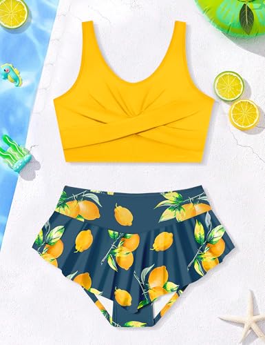 Image of Qaoerde Girls Swimsuit Tropical Print Bikini Set with Ruffle Hem Two Piece Criss Cross Bathing Suits for Girls 7-16 Years