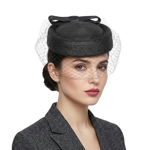 Black Pillbox Hat with Veil for Women Vintage Fascinator Bow Hat for Wedding Church Funeral Tea Party