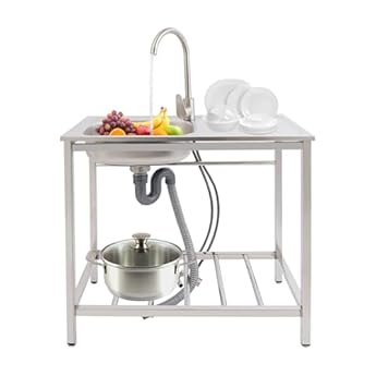 Foto di DAHAD Lavabo autoportante in acciaio inox con mobiletto, lavandino mobile da cucina, lavabo multifunzione con rubinetto per ristoranti, lavanderie, cantine, cucine, 75 x 40 x 75 cm