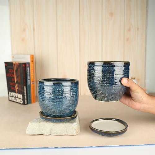 Image of Ceramic Indoor Plant Pots, Ceramic Flower Pots for Home Decoration, Planters, Ceramic Pots with Tray Set (Blue, 5 inches, Set of 2 Indoor Planters)