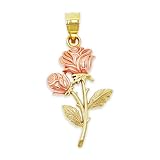 Gold Long Stem Rose Charm - Rose Pendant - Mother's Day Gift, Birthday Gift - Flower Dangle Charm -10 Karat Solid Gold (Style 2)