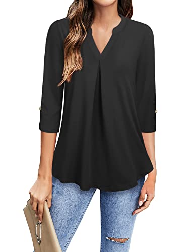 Gaharu Work Tunics For Women Office Summer Dressy Blouse V Neck 3/4 Tunic Shirt Fitted Casual Top Black,Large #TOP1