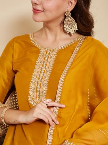 Image of MOKOSH Women's Silk Blend Embroidered Kurta Pant with Dupatta