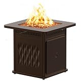 East Oak 28'' Propane Fire Pit Table, 50,000 BTU Steel Gas FirePit for Outdoor, Outside Patio Deck and Garden, CSA Certified Fire Table with Magnetic Lid, Cover-Storage Basket and Lava Rock, Brown