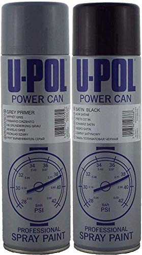 U-POL Power Can SATIN BLACK Paint - Durable top coat with a satin finish & GREY PRIMER - High build primer/filler for uneven surfaces Aerosols Twin Pack 1 of each Can 500ml Aerosols