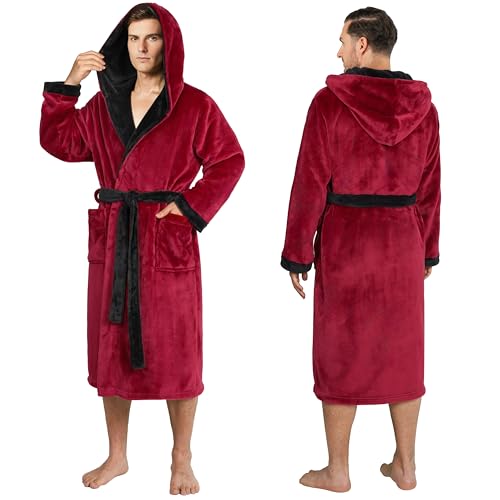 PAVILIA Mens Soft Robe with Hood Bathrobe for Men Lightweight Fleece Male Robe Long Bath Shower Spa with Shawl Collar and Pockets (Red/Black L/XL)