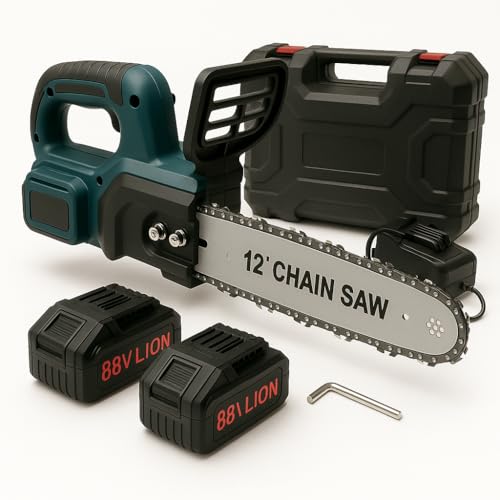 Motosega a Batteria 88V Brushless con Catena da 12 Pollici, Doppia Batteria e Serbatoio Olio Incluso - Potente, Leggera e Senza Fili per Potatura e Taglio Alberi