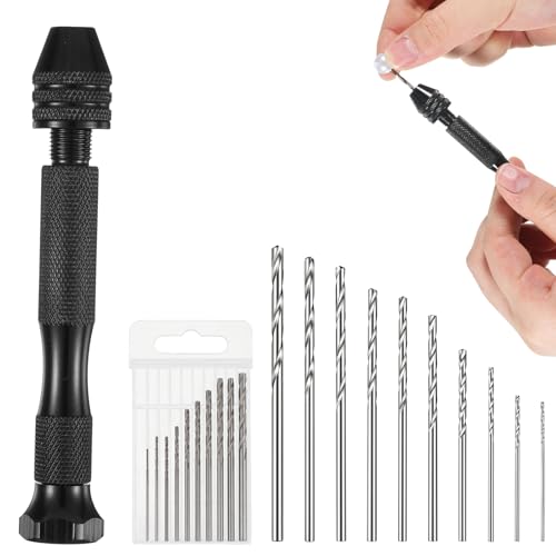 10PCS Pin Vise Hand Drill Bits Set, HSS Micro Twist Drill Bits (0.8-3.0mm), Precision Pin Vice Hand Drills with Collet, Rotary Tools for Jewelry Making, Resin, Wood, Metal, Model (Black)