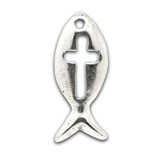 Housweety 50 Silver Tone Cross & Fish Charm Pendants 20x9mm