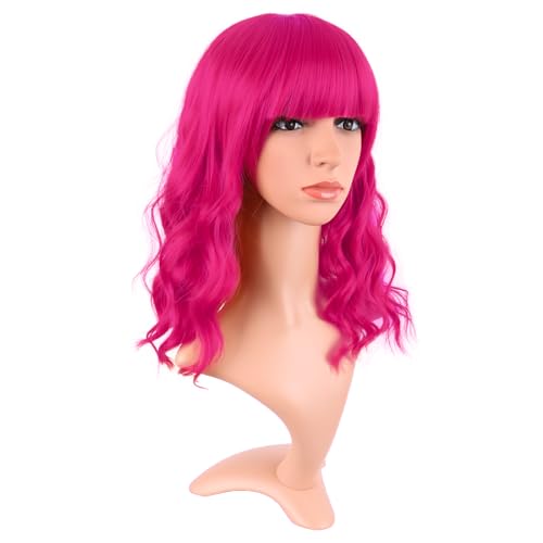 Image of MapofBeauty 14 Inch /35 cm Short Wavy Curly Women Fresh Bright Synthetic Ordinary Flat Bangs Bob Wig (Hot Pink)
