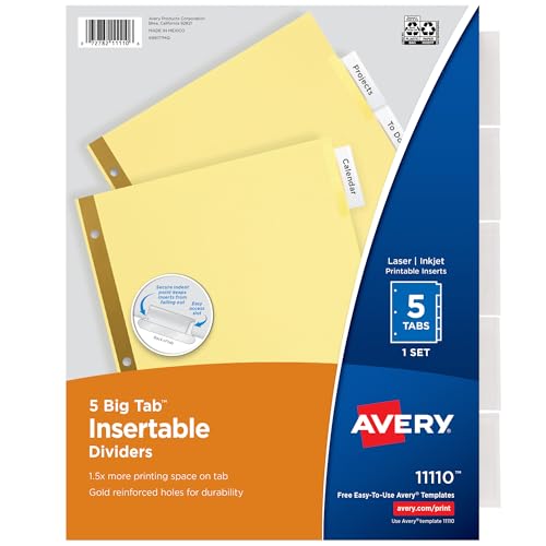 Avery Insertable Dividers for 3 Ring Binder, 5-Tab Set, Clear Big Tabs, Buff Paper with Gold-Reinforced, 1 Set, Great for Organizing Projects, Reports, Finances, and More (11110)