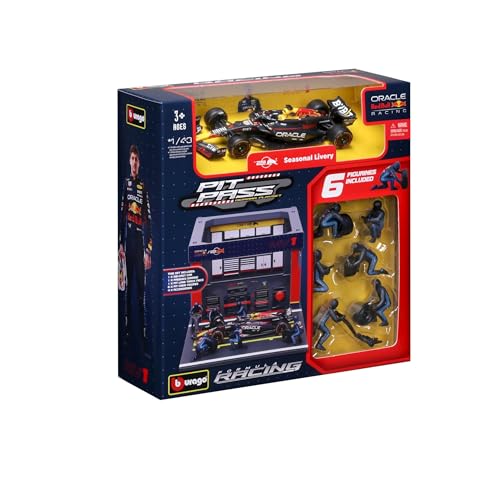 Bburago - Pit Stop Red Bull RB20 (2024) #1 Verstappen, Zestaw z Dioramą, Model Samochodu Skala 1:43 i 6 Mechaników, Szczegółowa Replika, Licencja Red Bull, Wiek 3+